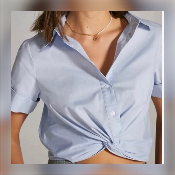 Aqua Sky Blue Knotted Button Down Shirt - Picture 1 of 5